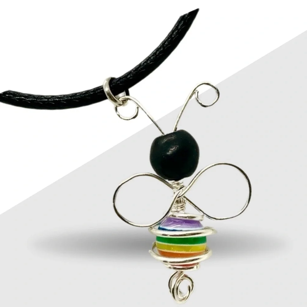 Sterling Silver wrapped Rainbow and Howlite Bead Pendant, Bee Supportive - Picture 2 of 7